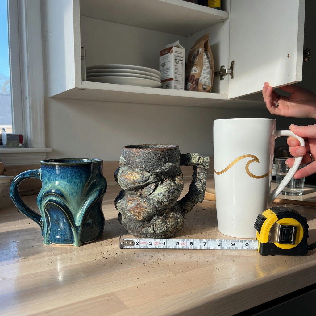 large unique coffee mugs first time buyer product shortlist guide showing three mugs checked for shelf and handle fit