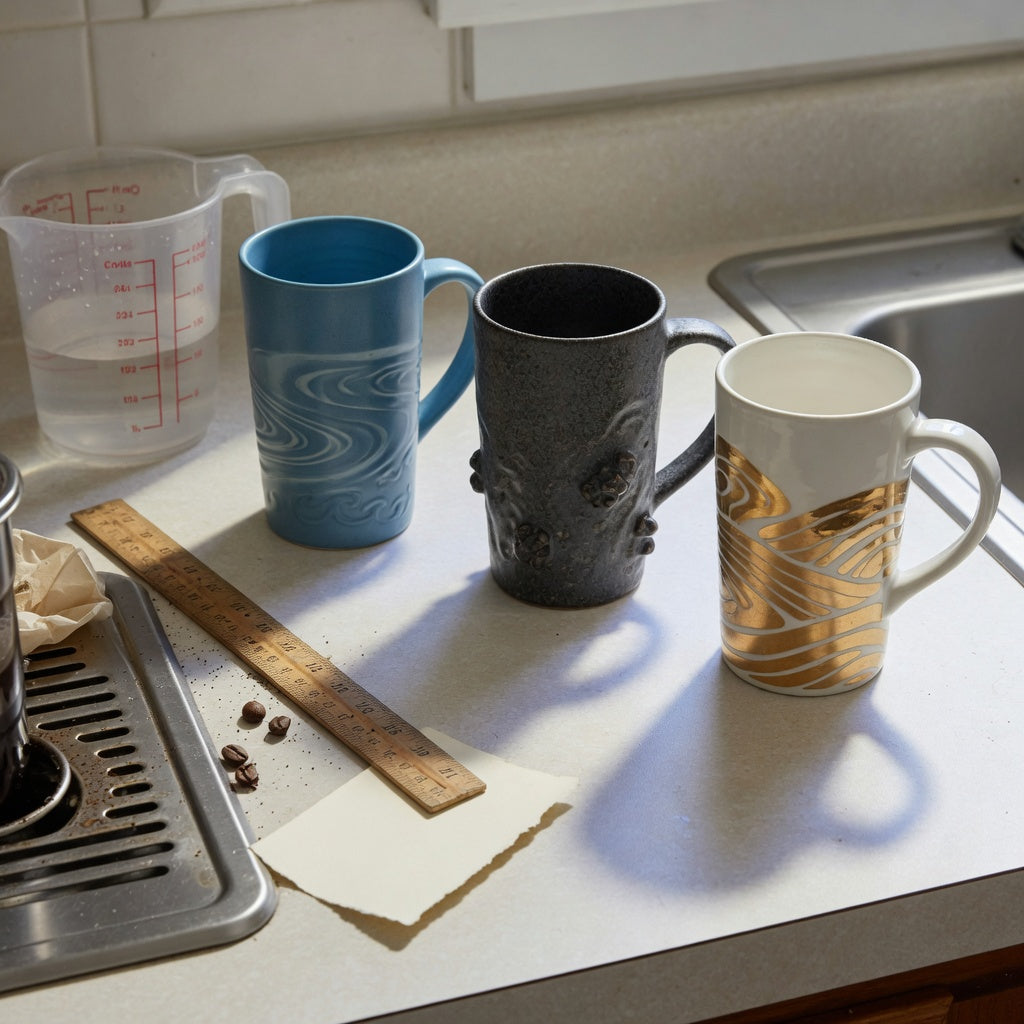 Large unique coffee mugs gift choice practical purchase checklist with three ceramic mug styles, a ruler, and fit notes