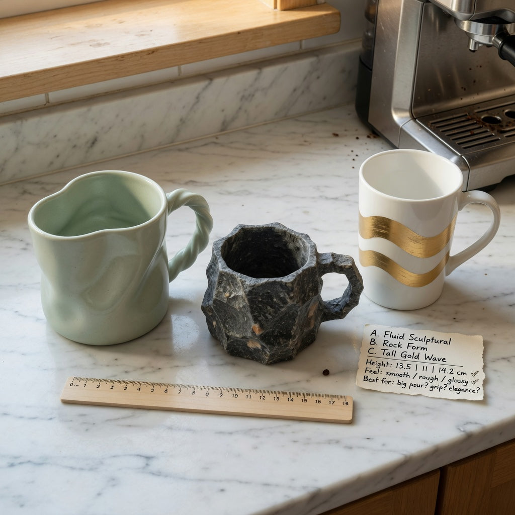 A large unique coffee mugs gift choice product shortlist guide showing The Flow, The Rock, and White Golden Waves Tall styles