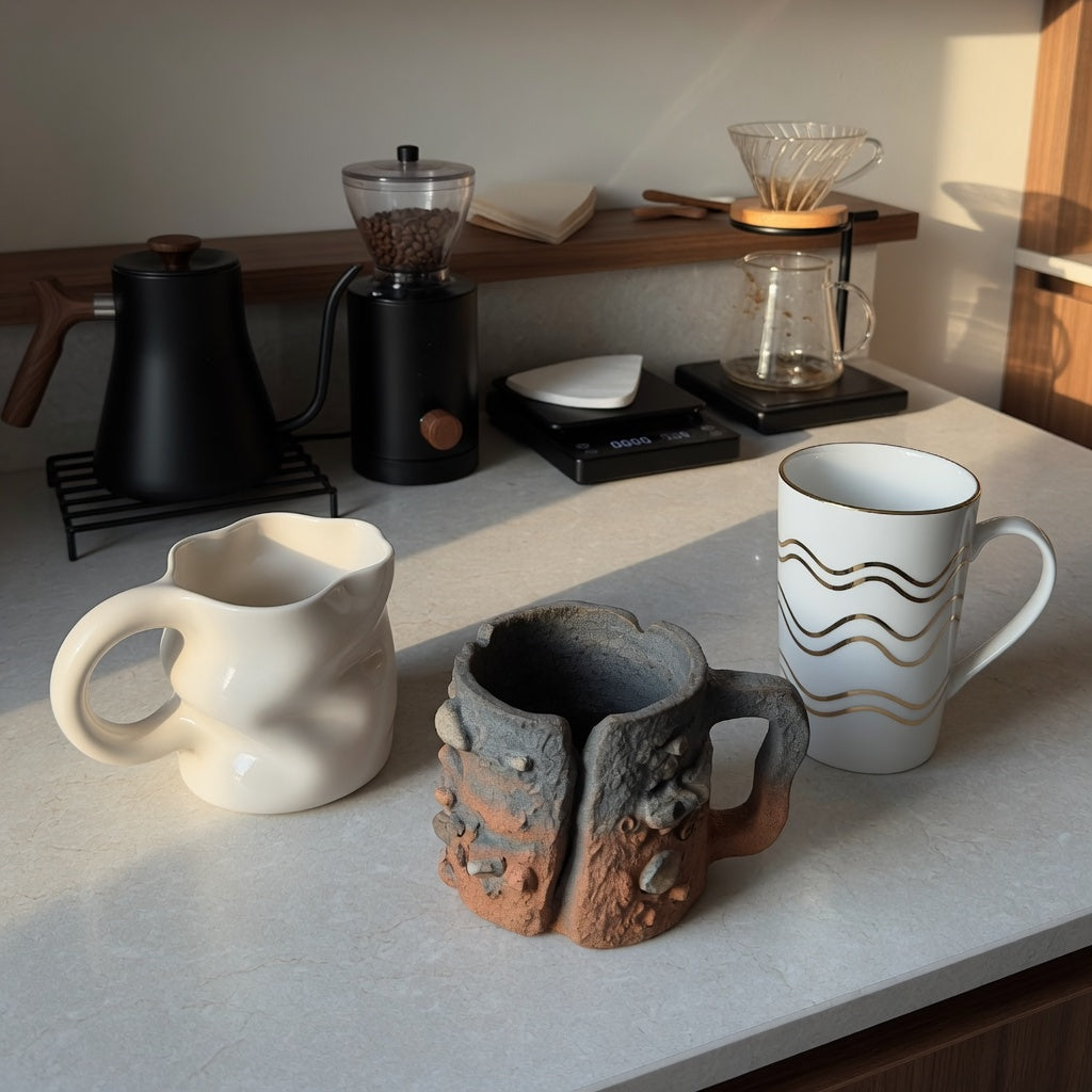 Counter scene for the large unique coffee mugs home coffee station practical purchase checklist with a grinder, kettle, scale, dripper, and three sculptural mugs