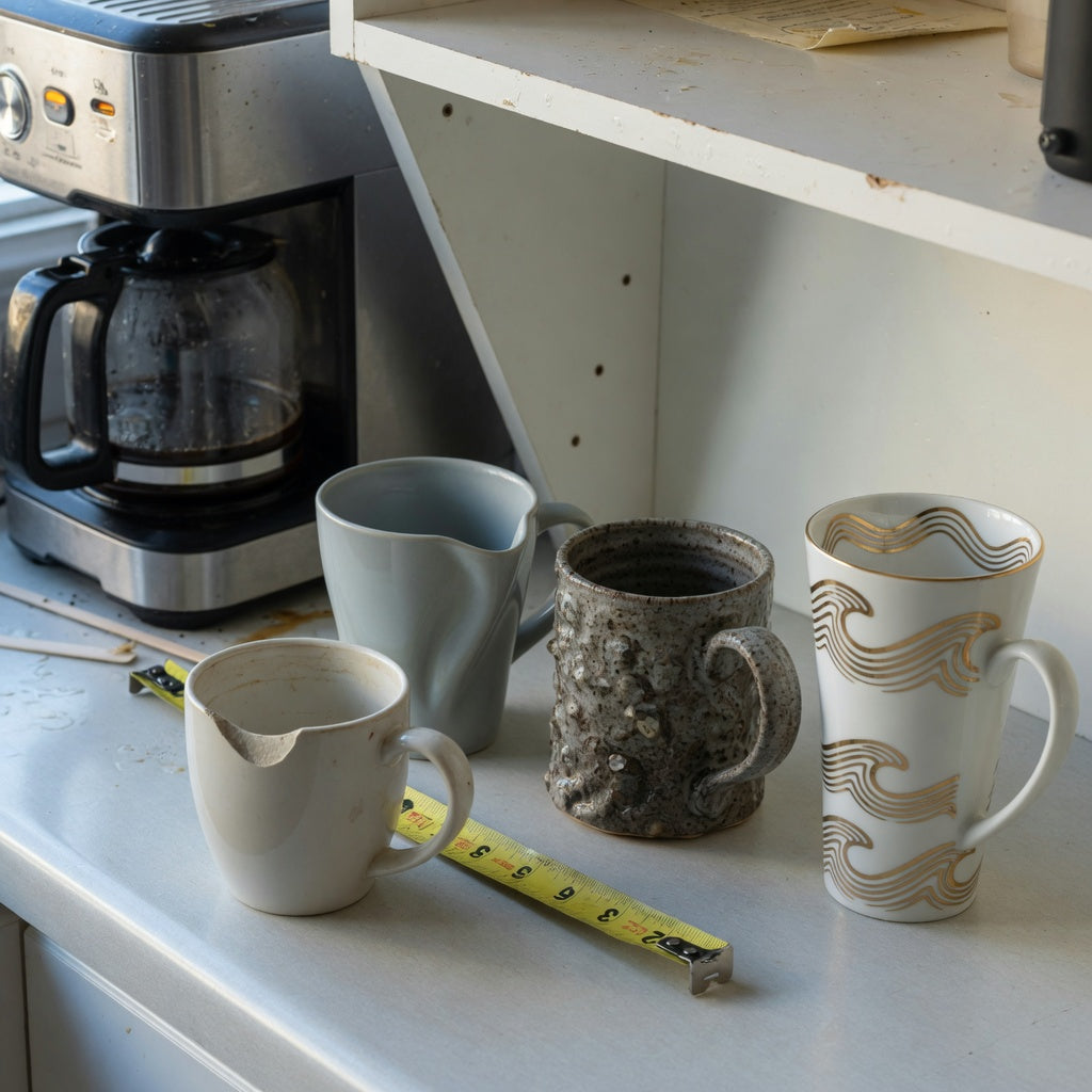 Large unique coffee mugs replacement purchase product shortlist guide showing The Flow, The Rock, and White Golden Waves Tall beside a chipped mug