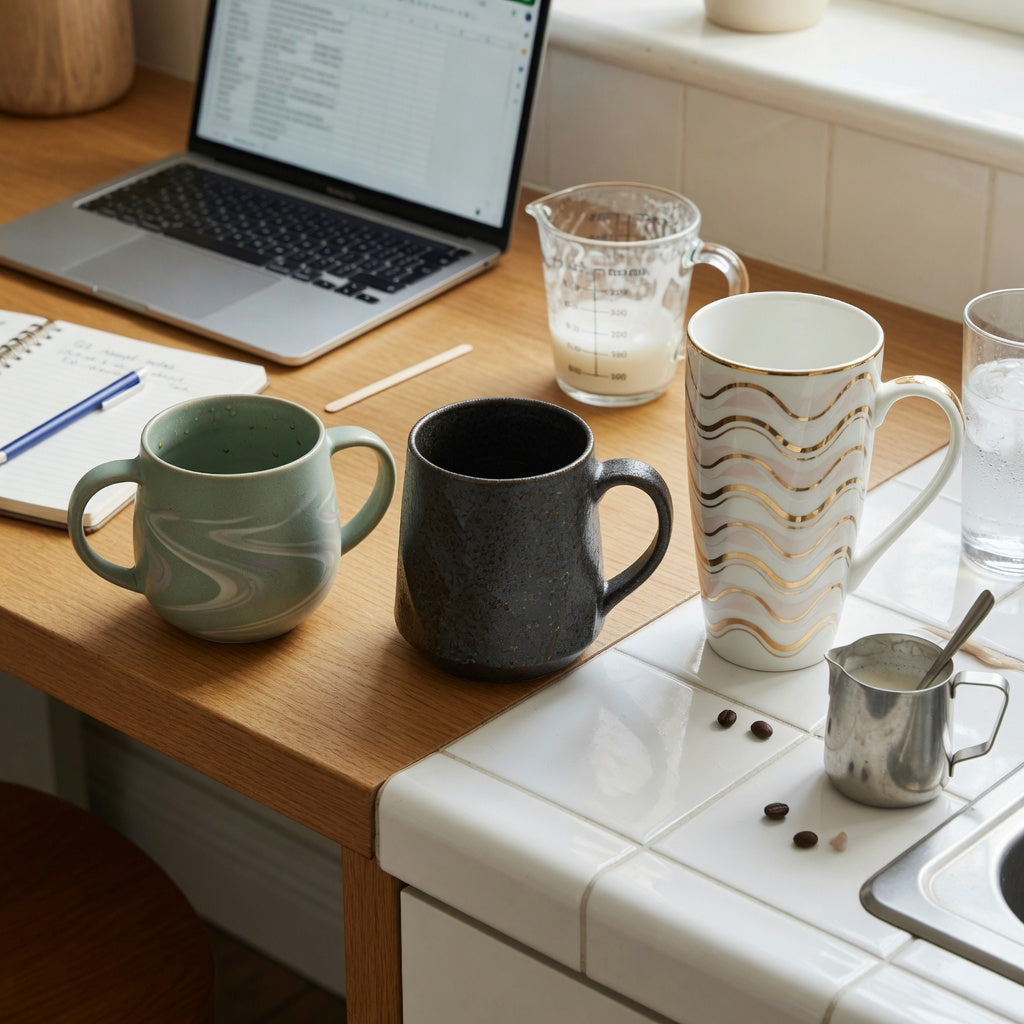 Large unique coffee mugs size decision guide comparing 400, 440, and 480 ml CoffeifyMug options on a desk and kitchen counter