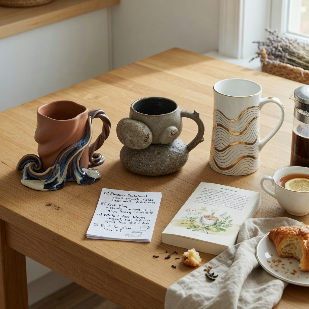 Large unique coffee mugs weekend coffee practical purchase checklist with The Flow, The Rock, and White Golden Waves mugs on a home brunch table