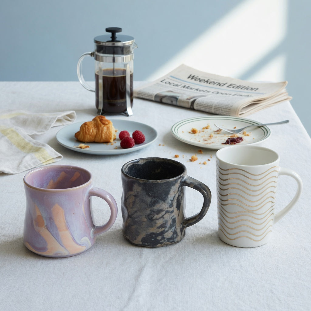Large unique coffee mugs weekend coffee product shortlist guide showing The Flow, The Rock, and White Golden Waves Tall on a weekend table
