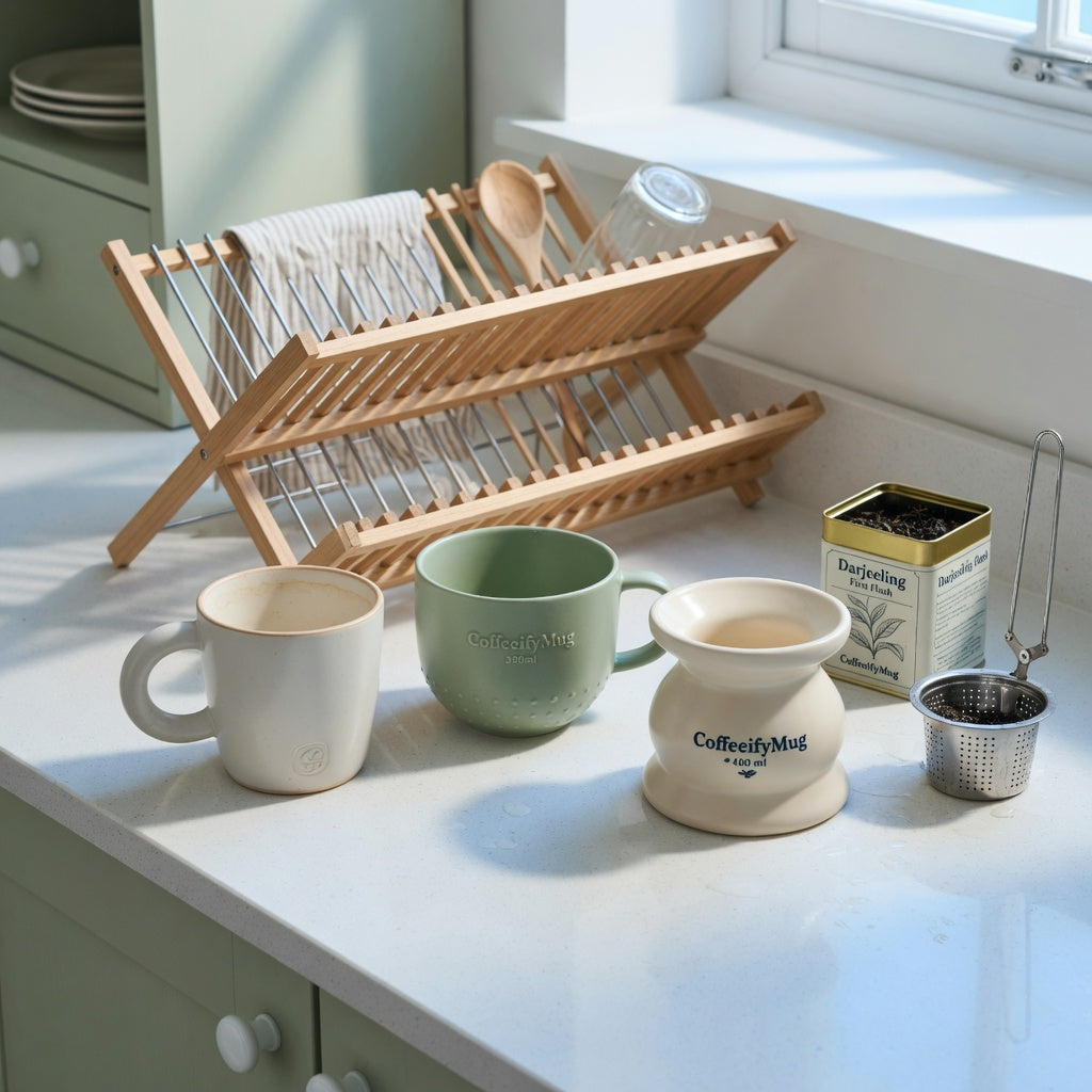 Loose leaf tea mug everyday mug rotation practical purchase checklist with 250 ml, 390 ml, and 400 ml mugs beside a drying rack