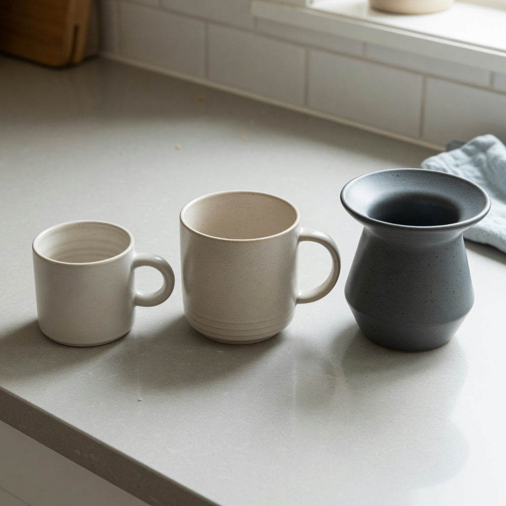 Loose leaf tea mug size decision guide showing 250 ml Ball Handle, 390 ml Round, and 400 ml Spittoon options