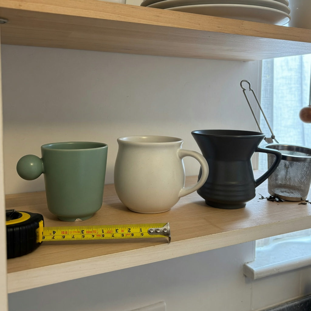 Loose leaf tea mug storage fit guide with Ball Handle, Round, and Spittoon mugs measured on a cabinet shelf