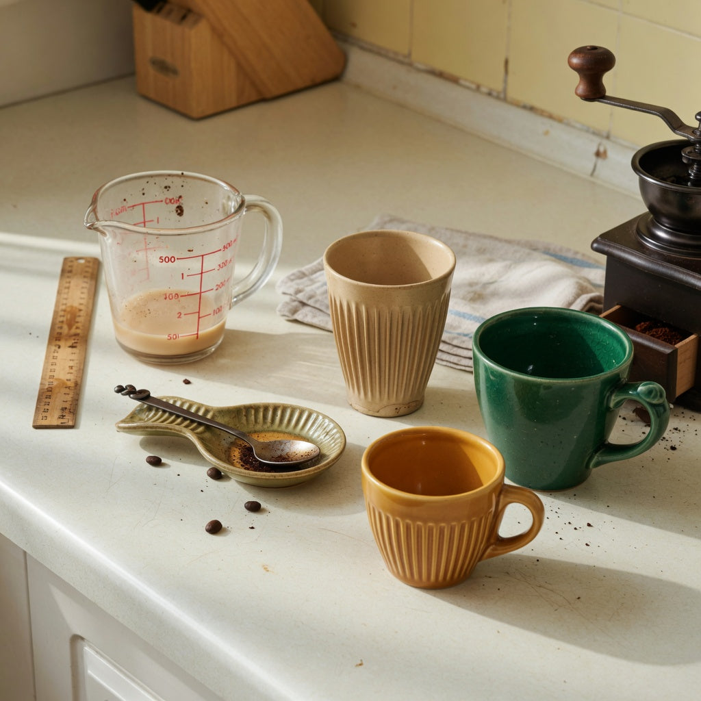 Lungo coffee cup home coffee station practical purchase checklist with 170 ml, 200 ml, and 270 ml cups beside a measuring jug