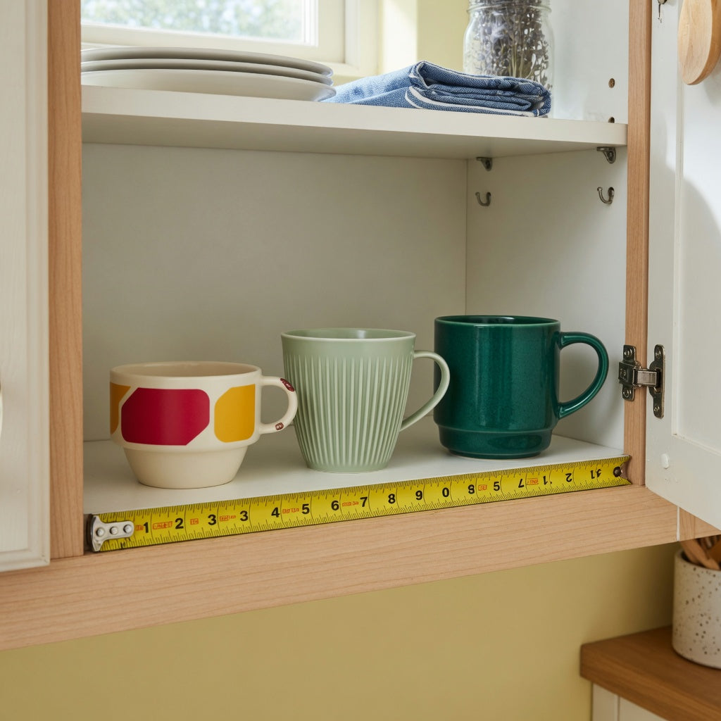 lungo coffee cup storage fit guide showing Retro 170 ml, Pleated 200 ml, and Emerald 270 ml forms on an open cabinet shelf