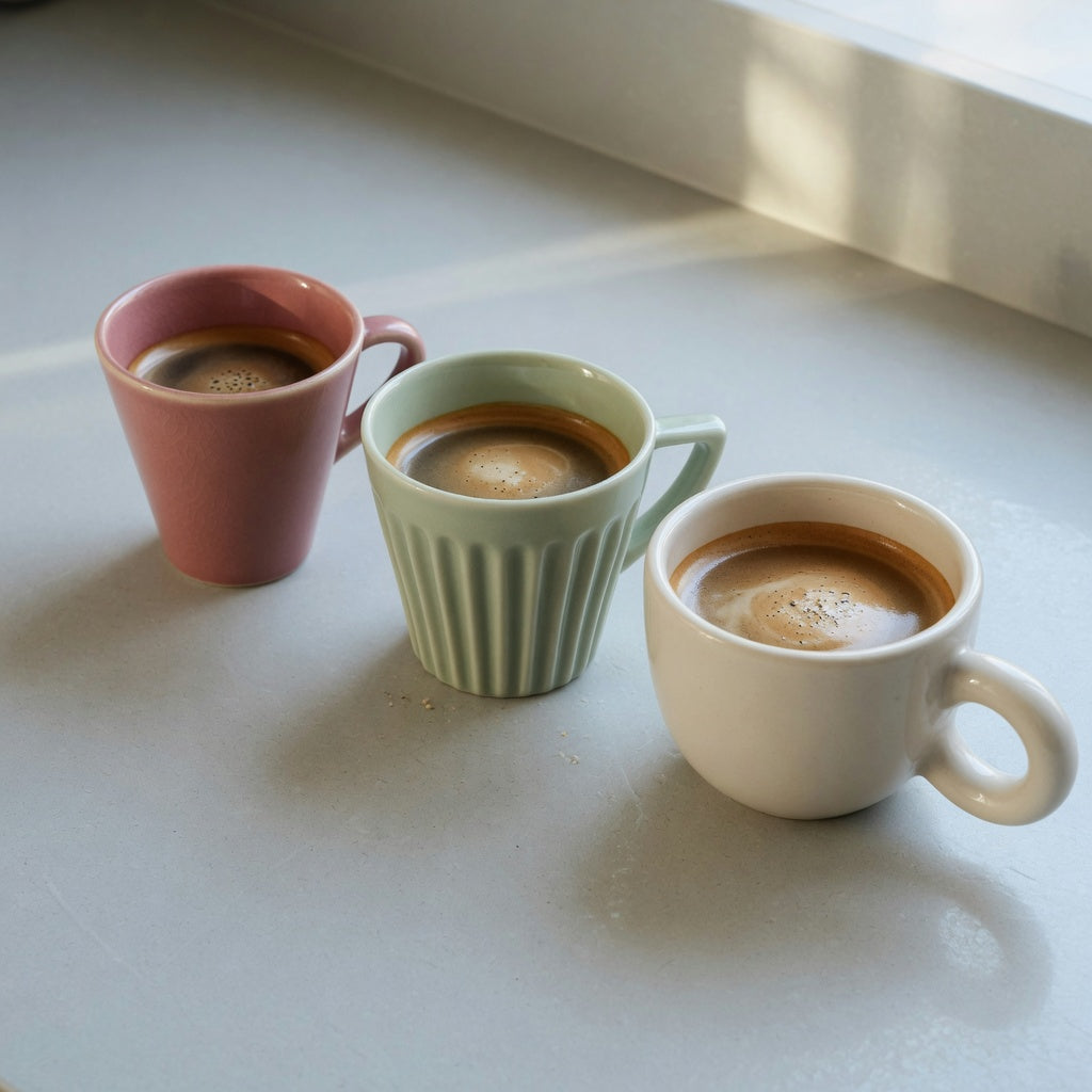 Macchiato cup current product facts comparison of 170 ml Retro, 200 ml Pleated, and 250 ml Ball Handle ceramic cups