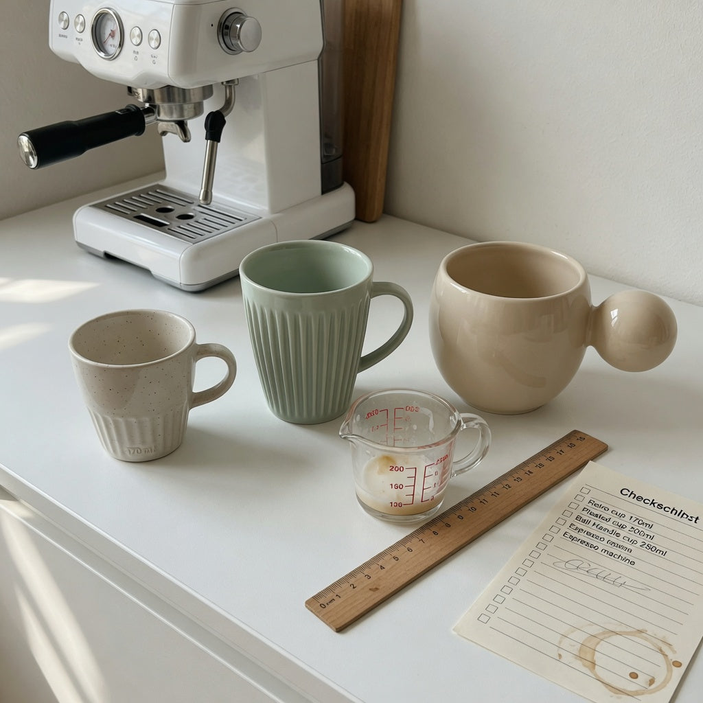 Macchiato cup first time buyer practical purchase checklist showing 170 ml, 200 ml and 250 ml cup options beside an espresso machine