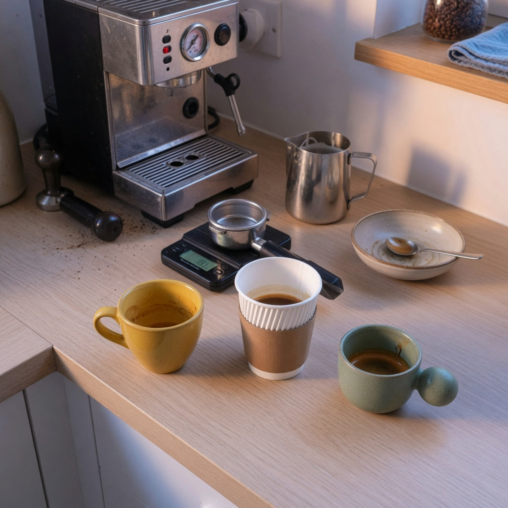 Counter scene for a macchiato cup home coffee station practical purchase checklist with compact cups and espresso tools