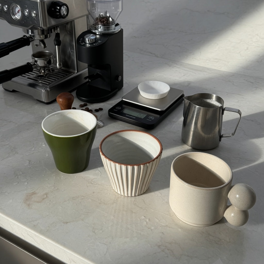 A countertop scene for the macchiato cup home coffee station product shortlist guide, showing Retro, Pleated, and Ball Handle ceramic cups
