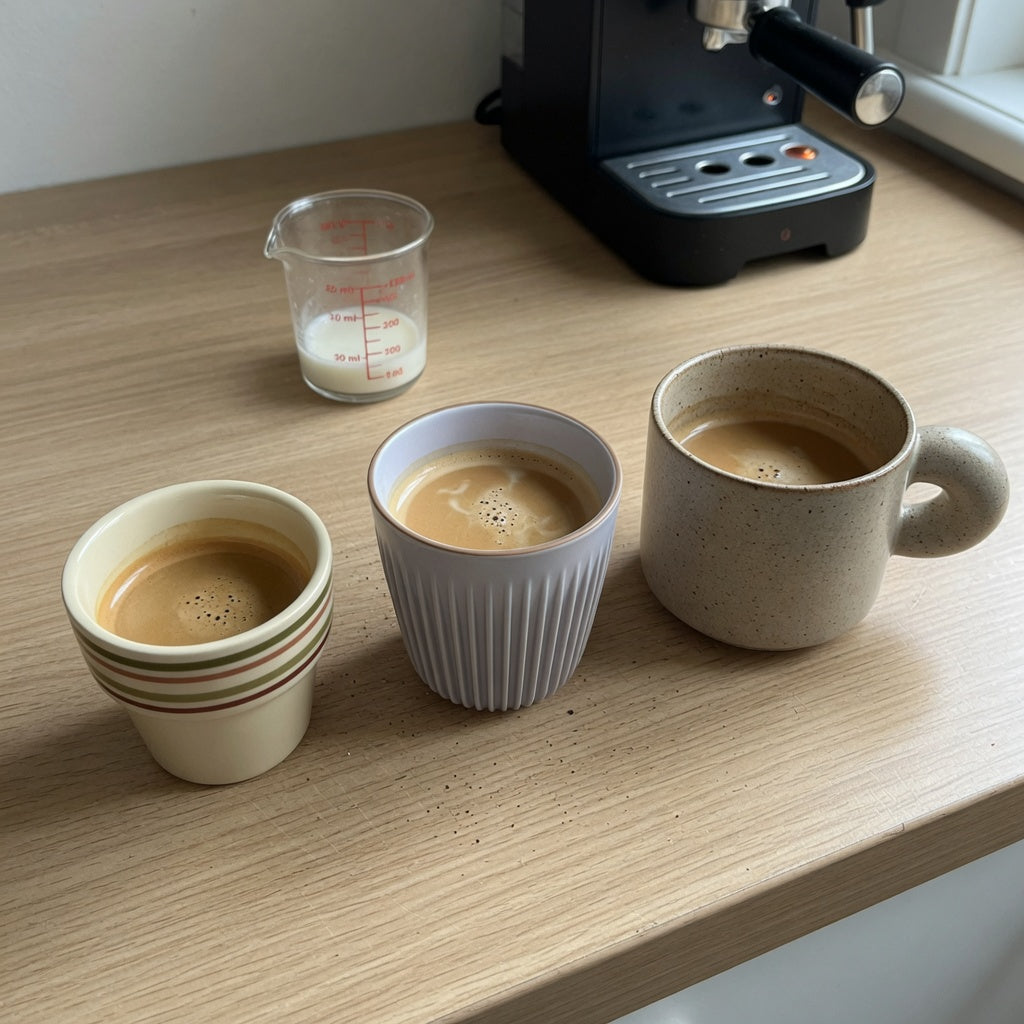 Side-by-side macchiato cup size comparison of 170 ml Retro, 200 ml Pleated, and 250 ml Ball Handle cups