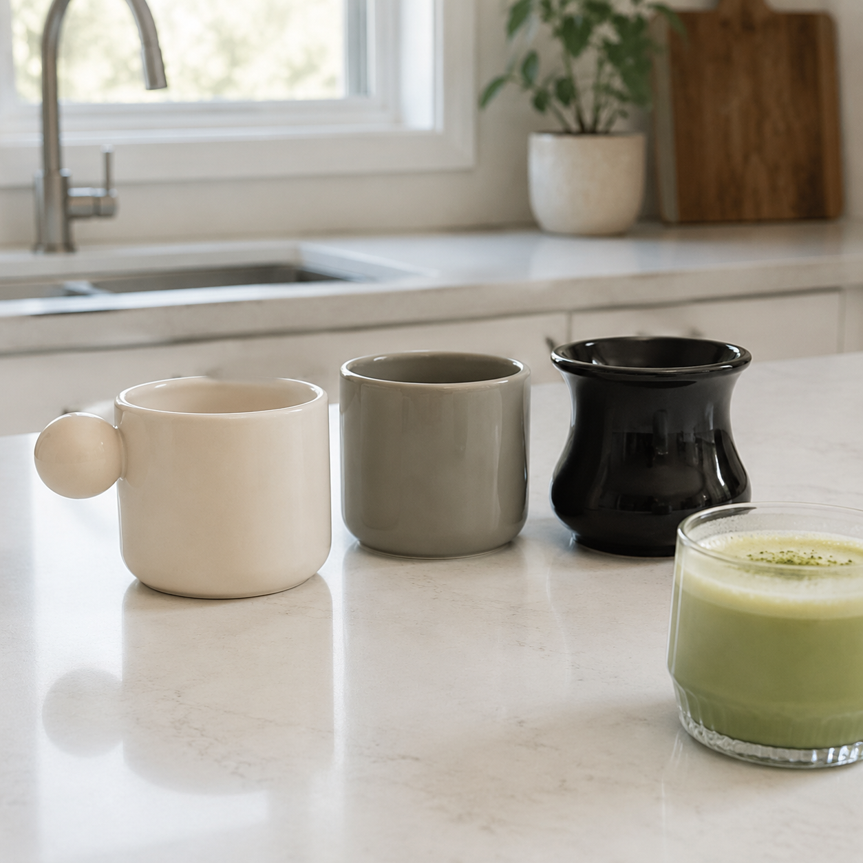 Three CoffeifyMug matcha latte mug options arranged on a kitchen counter for capacity and opening comparison.