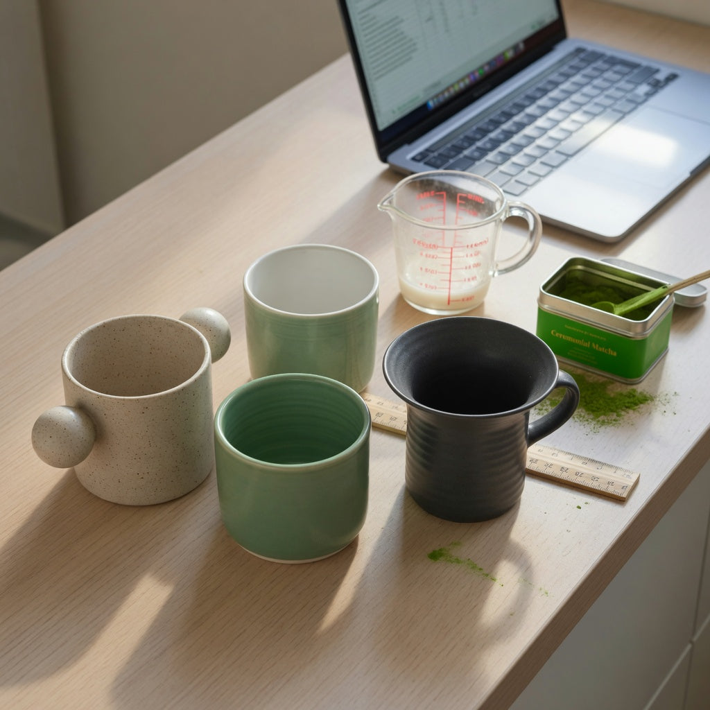 Matcha latte mug buying priorities compared with a 250 ml Ball Handle, 390 ml Round, and 400 ml Spittoon mug beside a measuring jug