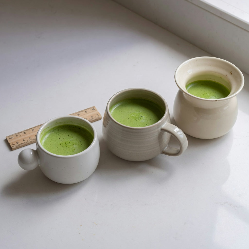 Matcha latte mug current product facts comparison showing 250 ml Ball Handle, 390 ml Round, and 400 ml Spittoon opening shapes