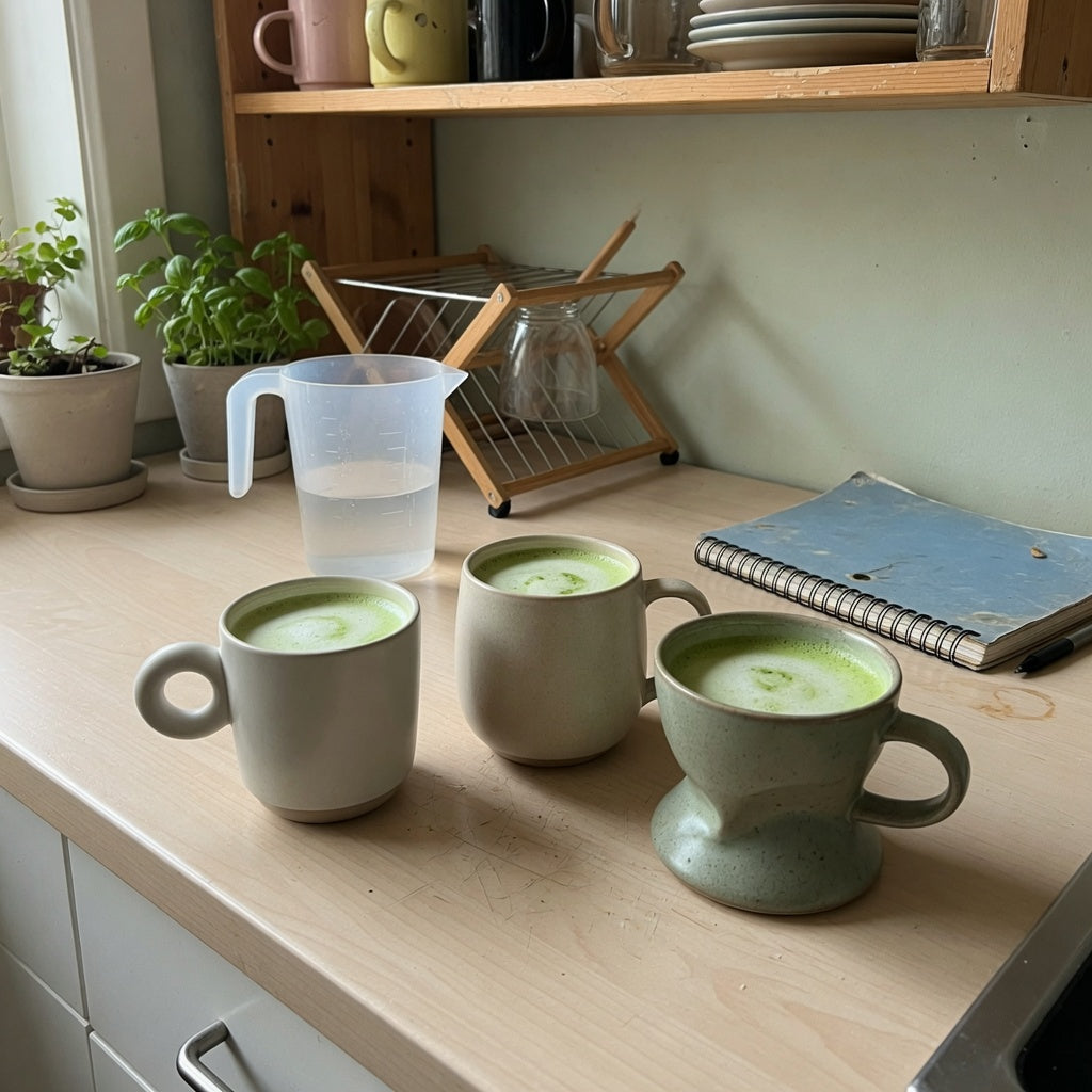 Matcha latte mug everyday mug rotation practical purchase checklist scene with three mug shapes beside a measuring jug and drying rack