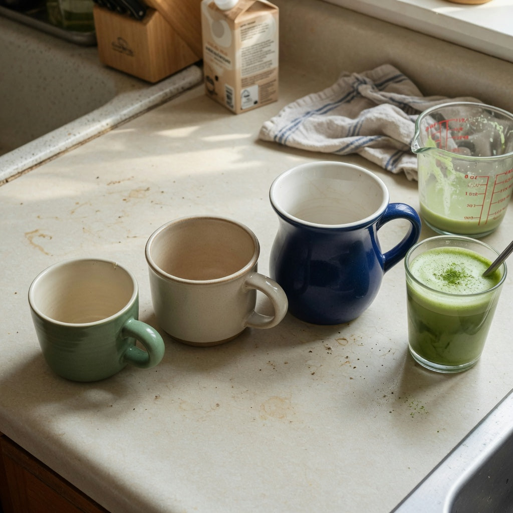 Matcha latte mug first time buyer product shortlist guide comparing 250 ml, 390 ml, and 400 ml mug shapes on a kitchen counter