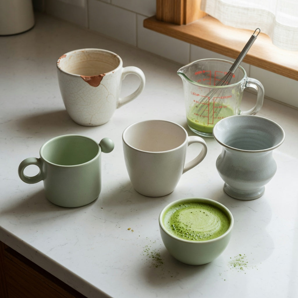 A matcha latte mug replacement purchase practical purchase checklist showing 250 ml ball-handle, 390 ml round, and 400 ml spittoon options