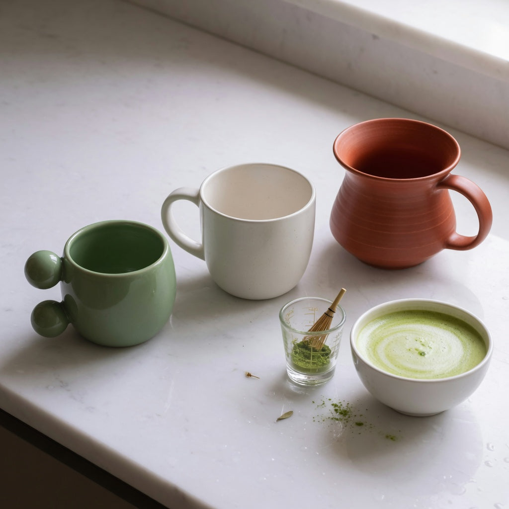 matcha latte mug size decision guide comparing a 250 ml Ball Handle, 390 ml Round, and 400 ml Spittoon mug
