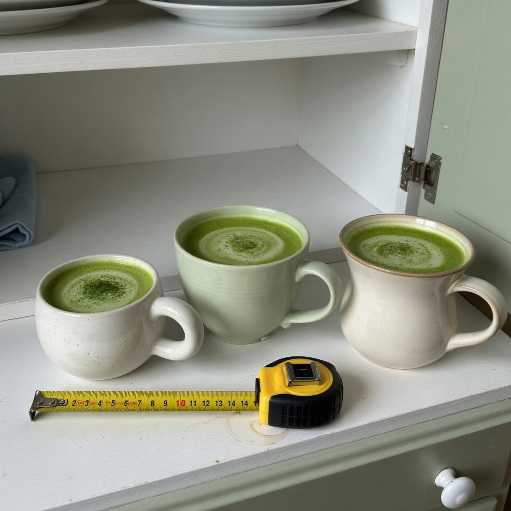 Matcha latte mug storage fit guide showing ball handle, round, and spittoon shapes beside a tape measure on a cabinet shelf