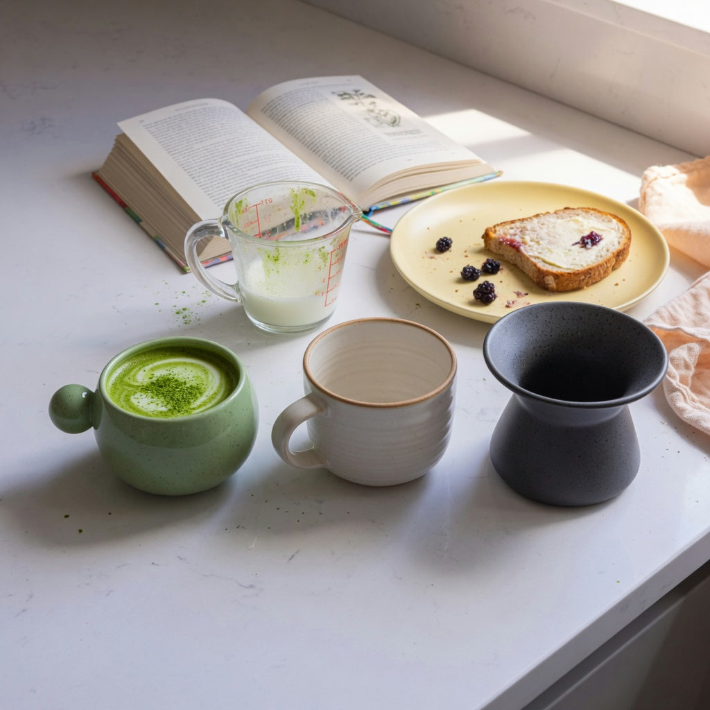 Matcha latte mug weekend coffee practical purchase checklist with 250 ml, 390 ml, and 400 ml mug options beside a measured serving