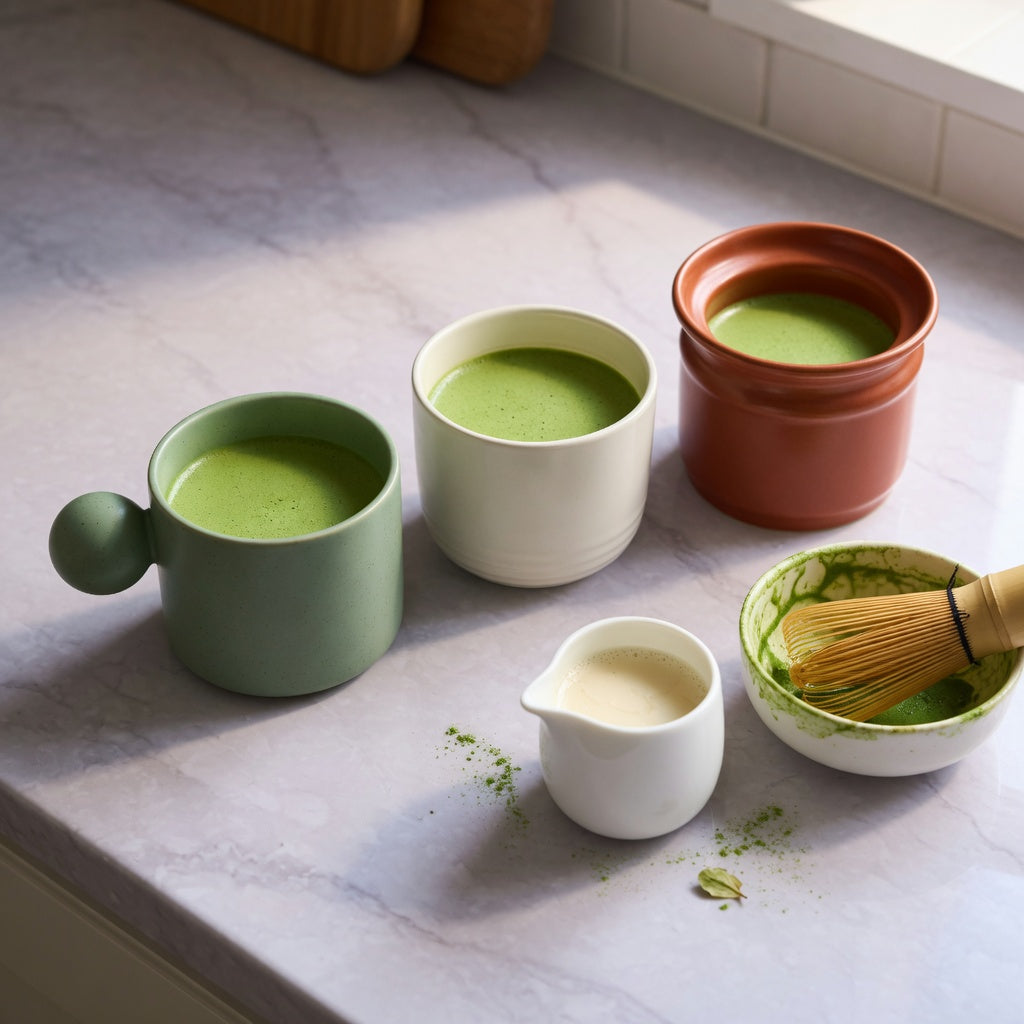 matcha latte mug weekend coffee product shortlist guide showing 250 ml, 390 ml, and 400 ml options on a kitchen counter