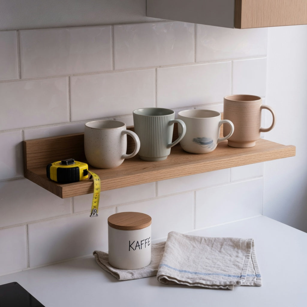 Minimal coffee shelf mugs lined up on a narrow floating oak ledge in a small kitchen coffee station