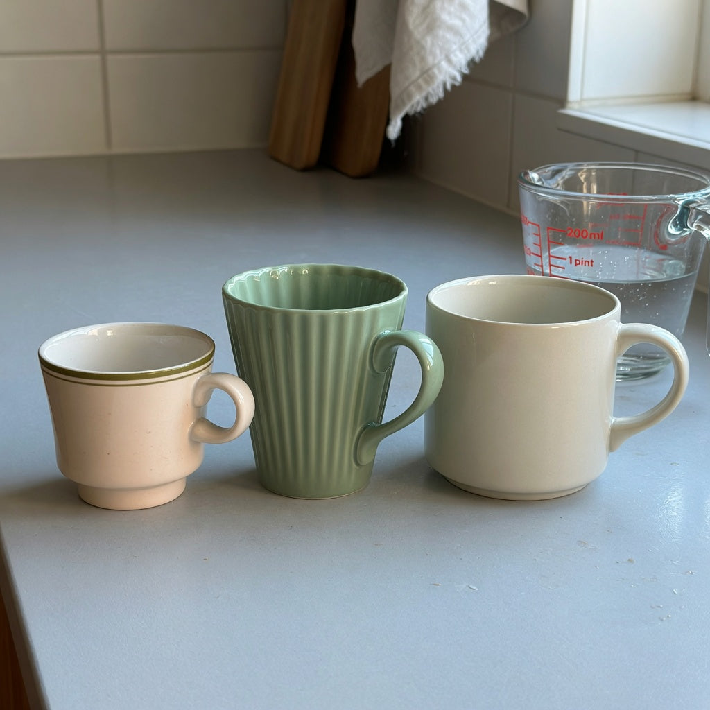 Minimalist ceramic mug capacity guide comparing 300 ml retro, 350 ml pleated, and 400 ml round ceramic mugs