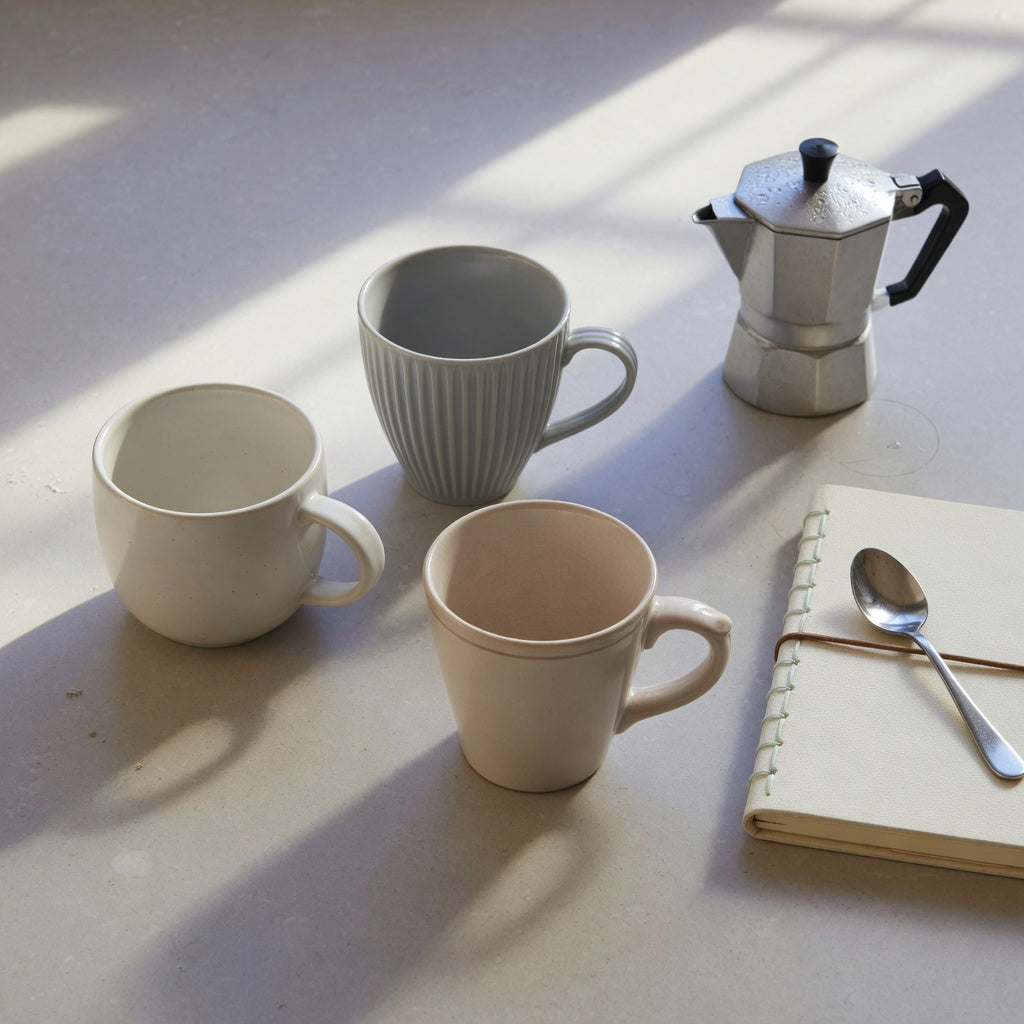 Minimalist ceramic mug comparison showing round, pleated, and retro ceramic mugs beside coffee and tea