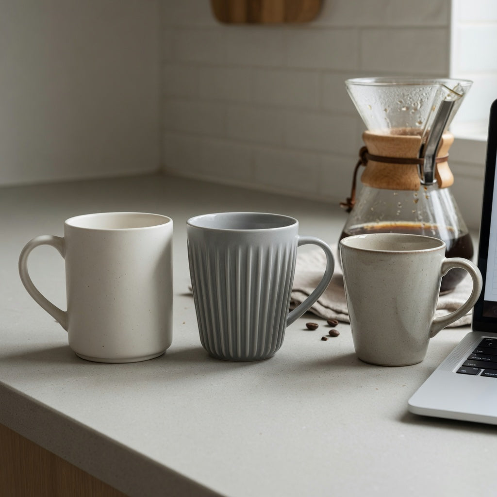 Minimalist ceramic mug current product facts comparison showing round, pleated, and retro ceramic cups