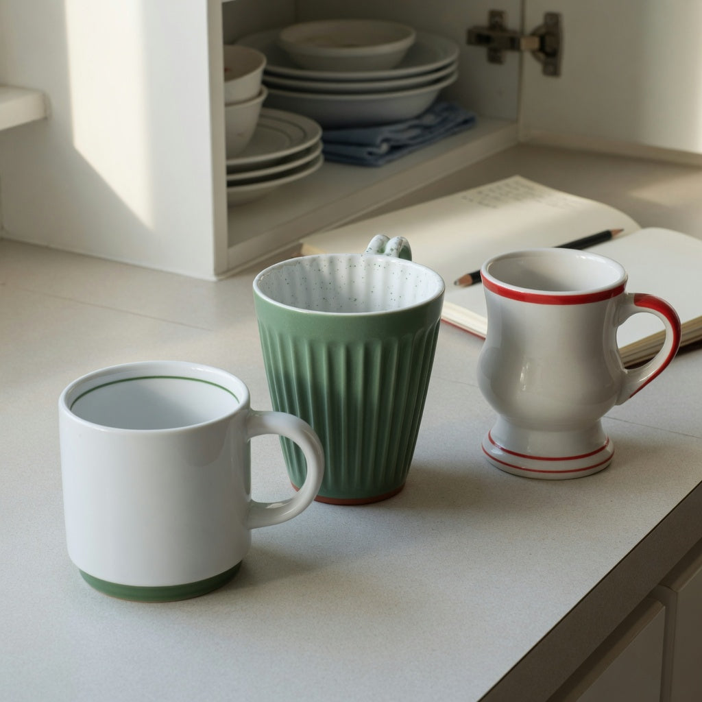 Minimalist ceramic mug daily use guide comparing round, pleated, and retro cups on a kitchen counter