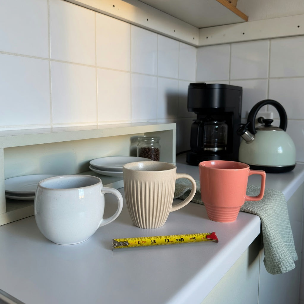 minimalist ceramic mug compact kitchen product shortlist guide with round, pleated, and retro mugs on a narrow counter