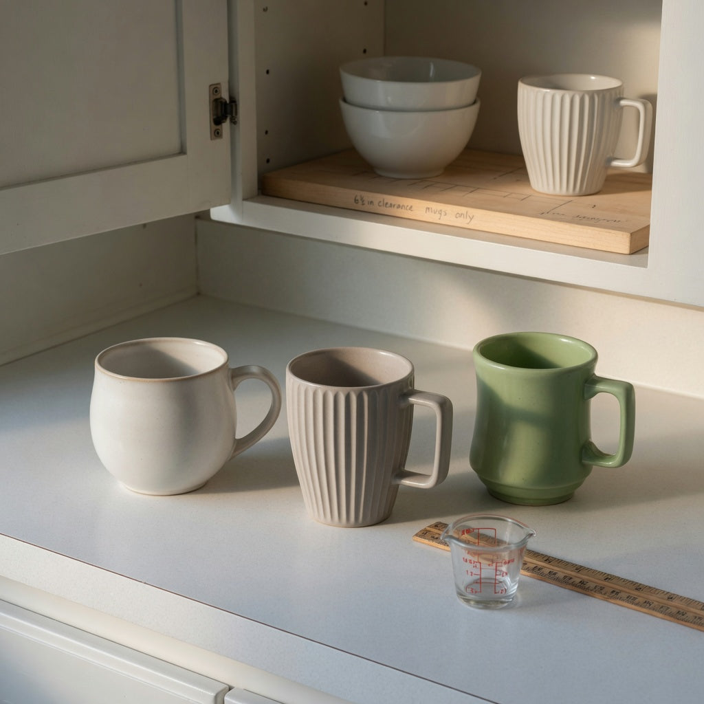 Minimalist ceramic mug everyday mug rotation practical purchase checklist with round, pleated, and retro ceramic mugs beside a measured cabinet shelf