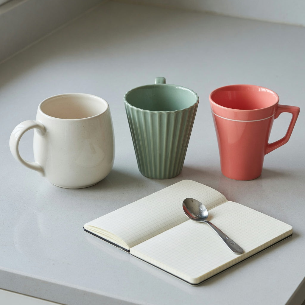 minimalist ceramic mug gift choice product shortlist guide showing round, pleated, and retro ceramic options on a kitchen counter