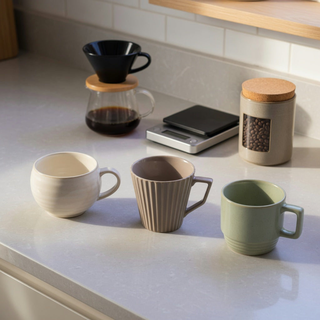 Minimalist ceramic mug home coffee station practical purchase checklist with round, pleated, and retro ceramic cups beside a brewer