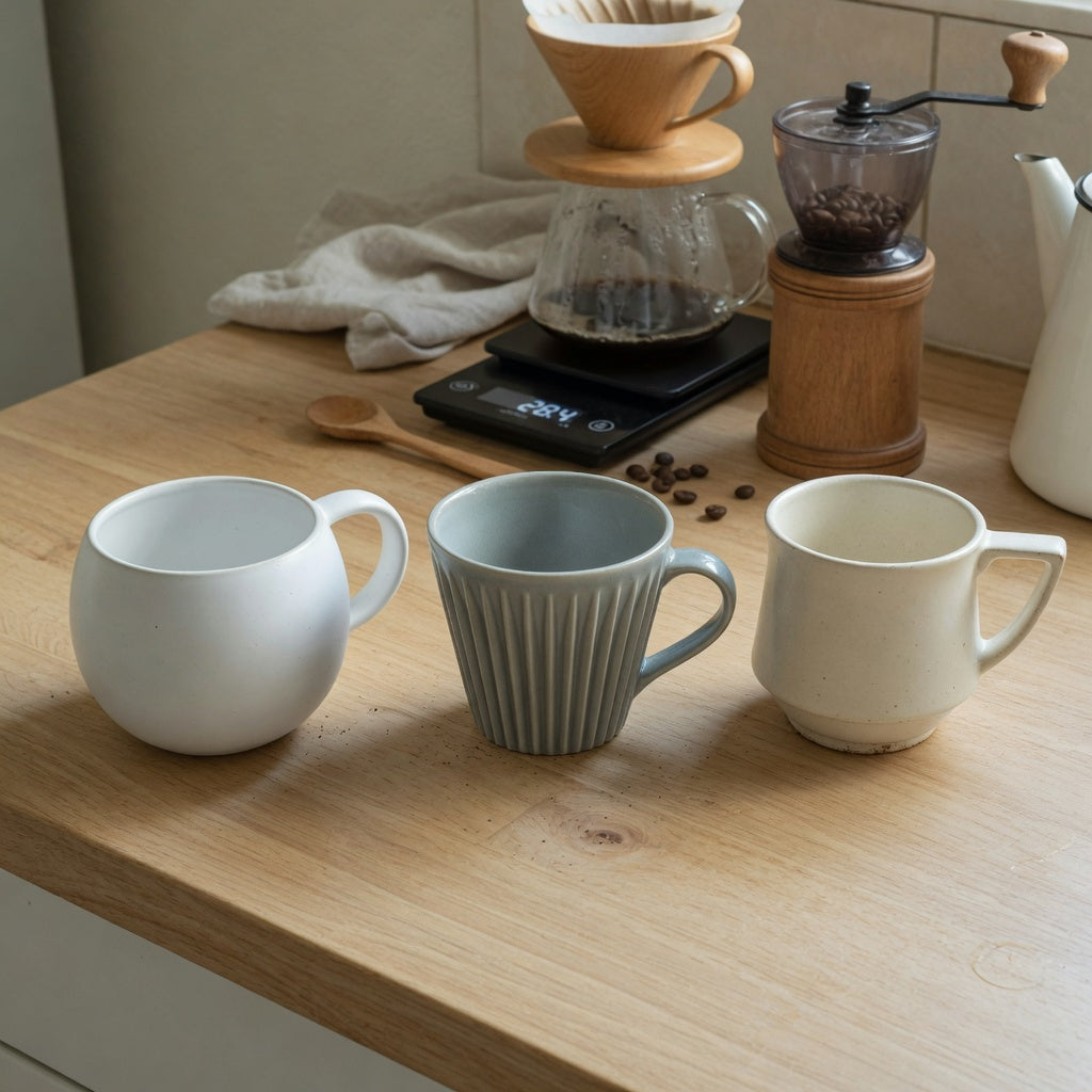 A minimalist ceramic mug home coffee station product shortlist guide scene with round, pleated, and retro ceramic mugs beside a dripper and scale