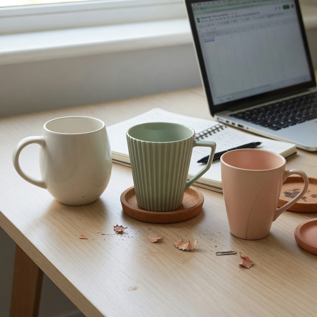 minimalist ceramic mug home office product shortlist guide with round, pleated, and retro ceramic forms beside a laptop