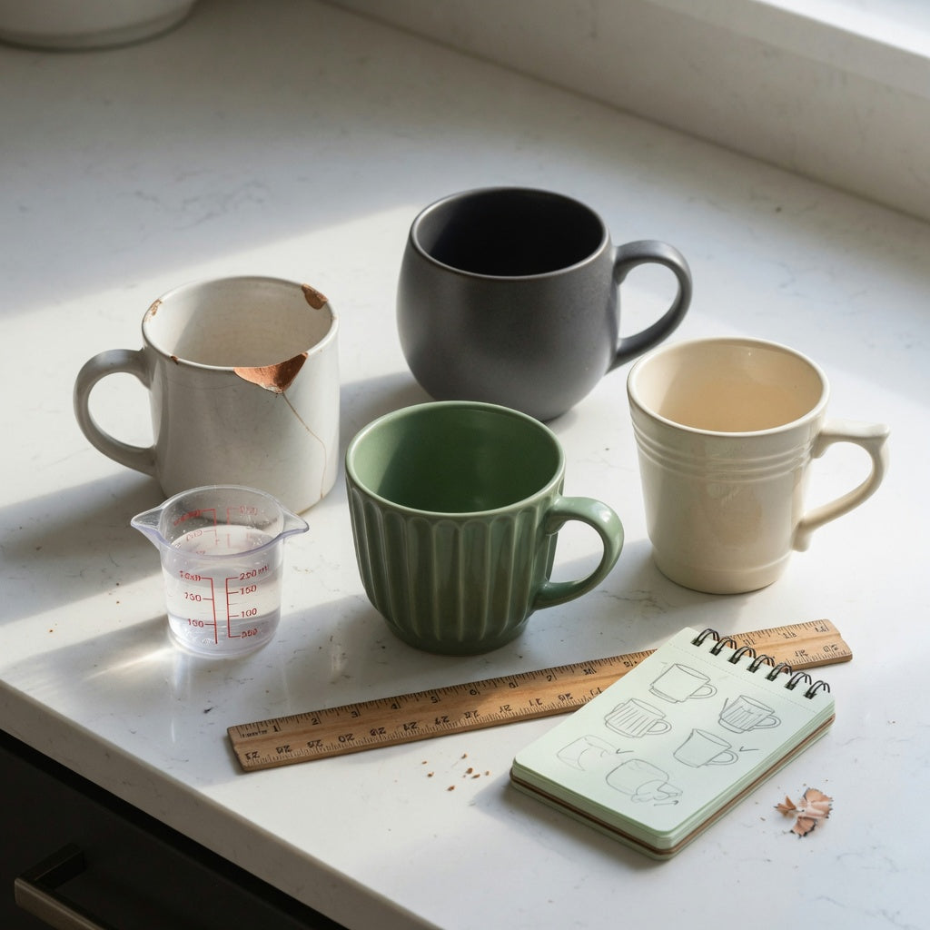 Minimalist ceramic mug replacement purchase practical purchase checklist with a chipped mug beside round, pleated, and retro ceramic options
