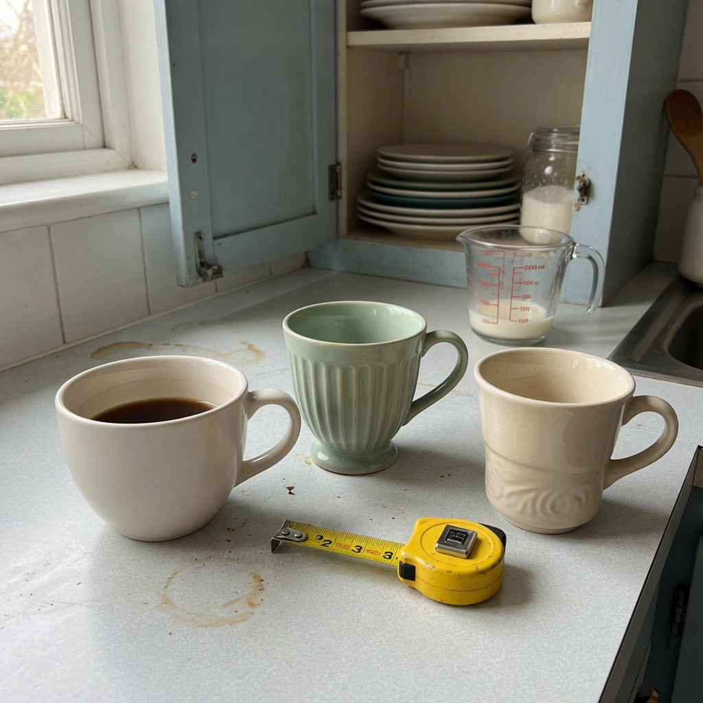 Minimalist ceramic mug shared household practical purchase checklist with round, pleated, and retro ceramic forms measured on a kitchen counter