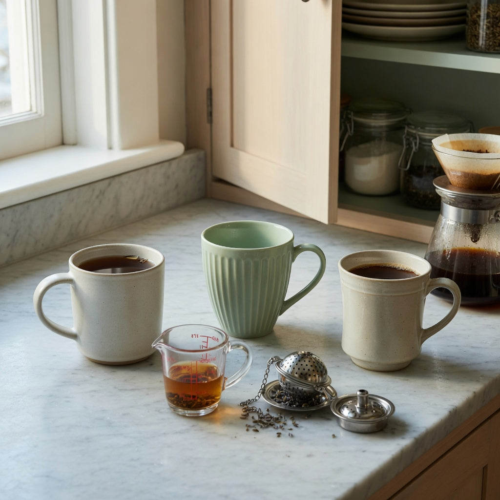A minimalist ceramic mug shared household product shortlist guide showing round, pleated, and retro ceramic options on a kitchen counter
