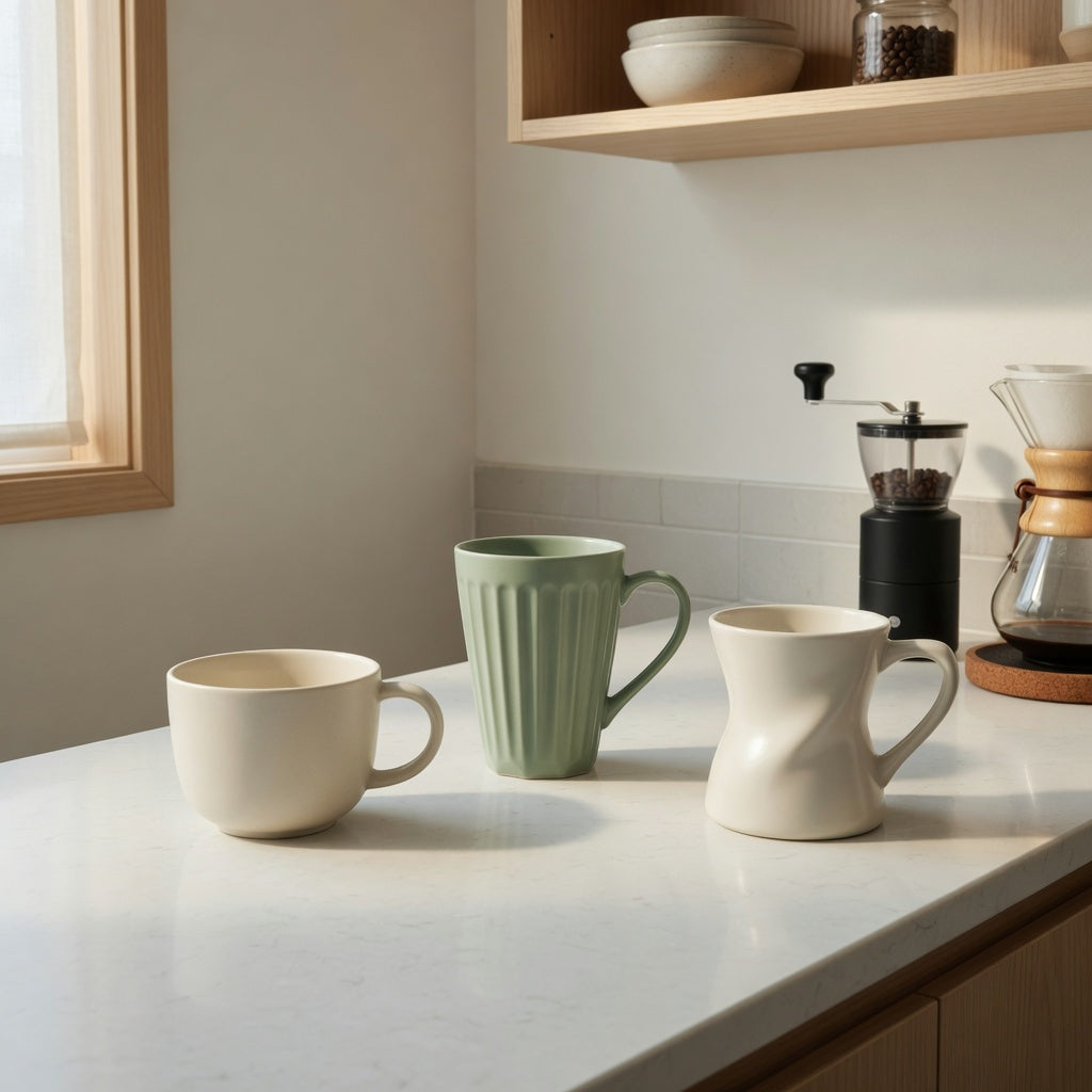 minimalist ceramic mug for small coffee setup measured on a narrow counter beneath an open shelf