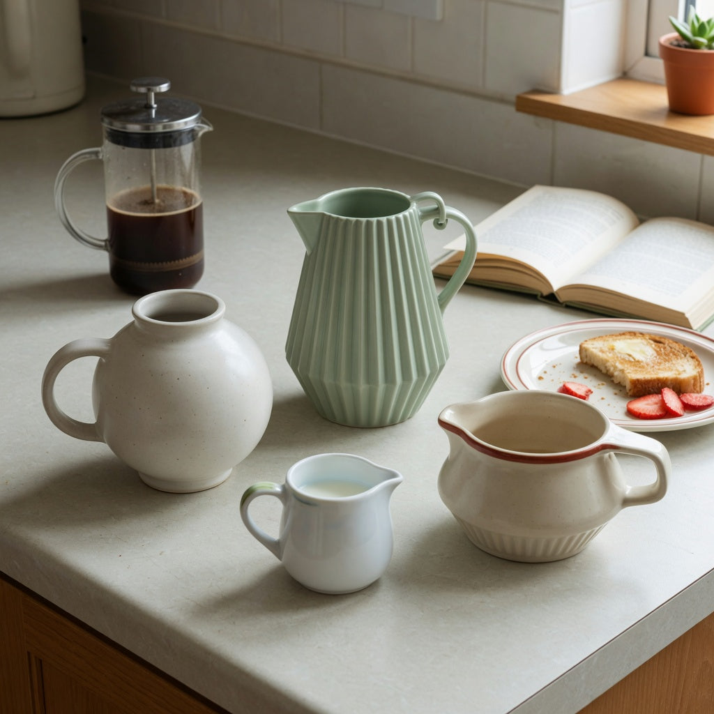 Minimalist ceramic mug weekend coffee practical purchase checklist with round, pleated, and retro ceramic forms on a kitchen counter