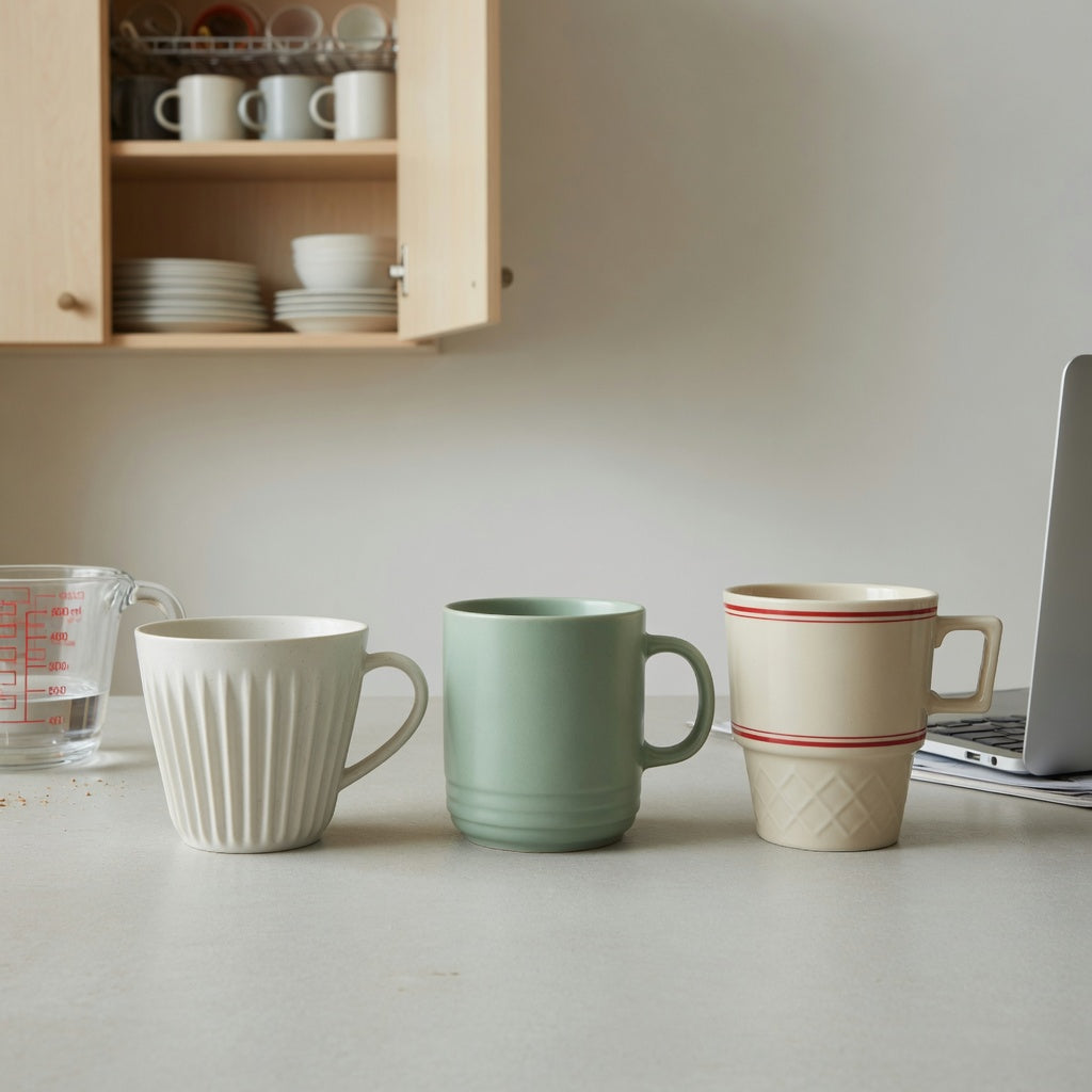 Minimalist ceramic mug size decision guide comparing 390 ml, 400 ml, and 480 ml ceramic options