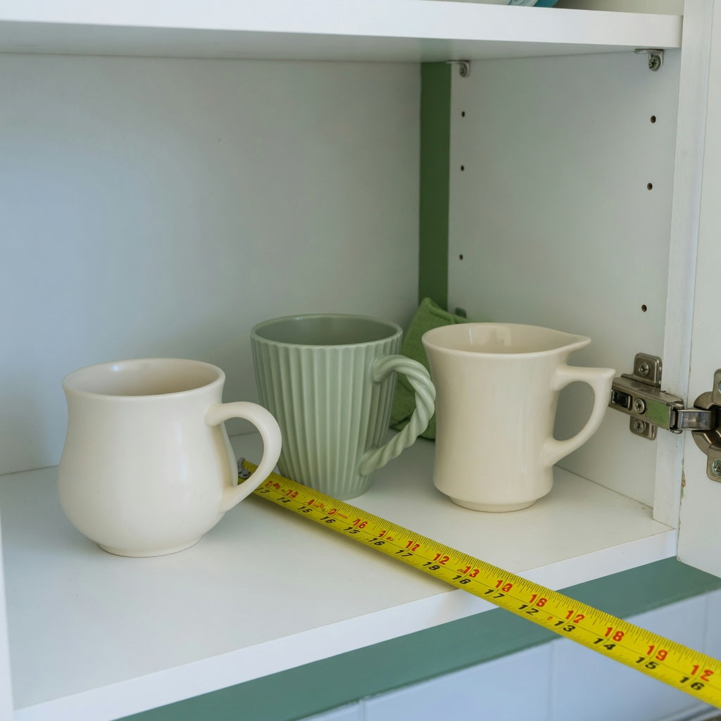 Minimalist ceramic mug storage fit guide comparing round, pleated, and retro mugs on a cabinet shelf