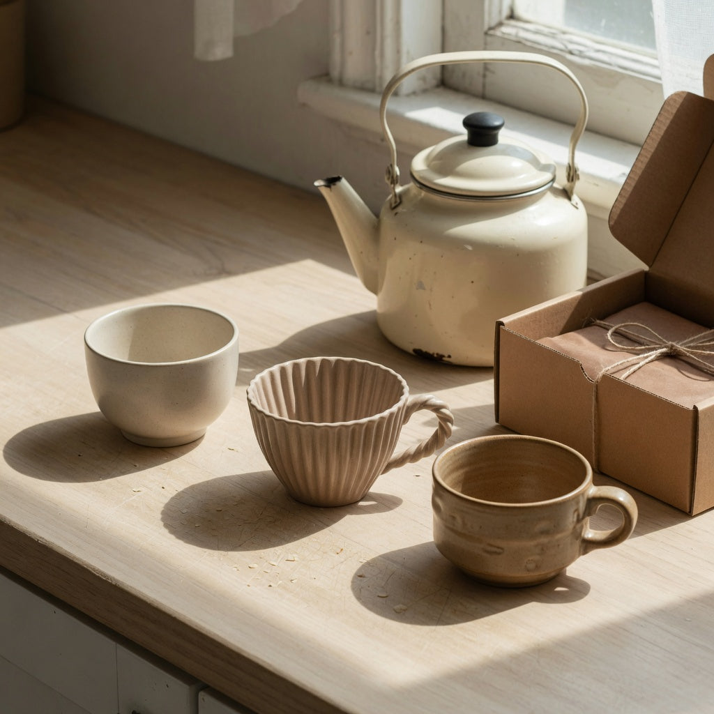 Round, pleated, and retro cups arranged as a minimalist mug gift beside a kraft box