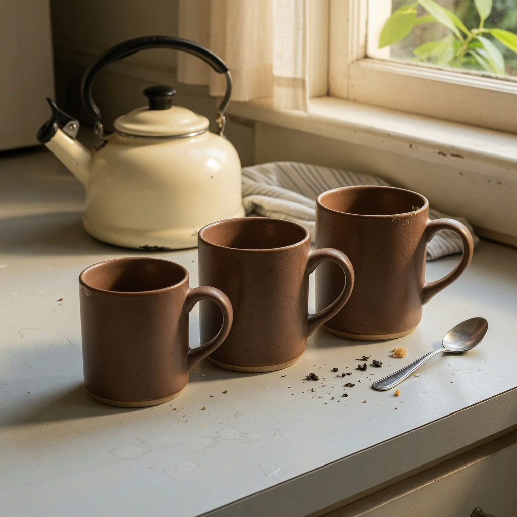 Mocha ceramic mug size comparison on a compact kitchen counter