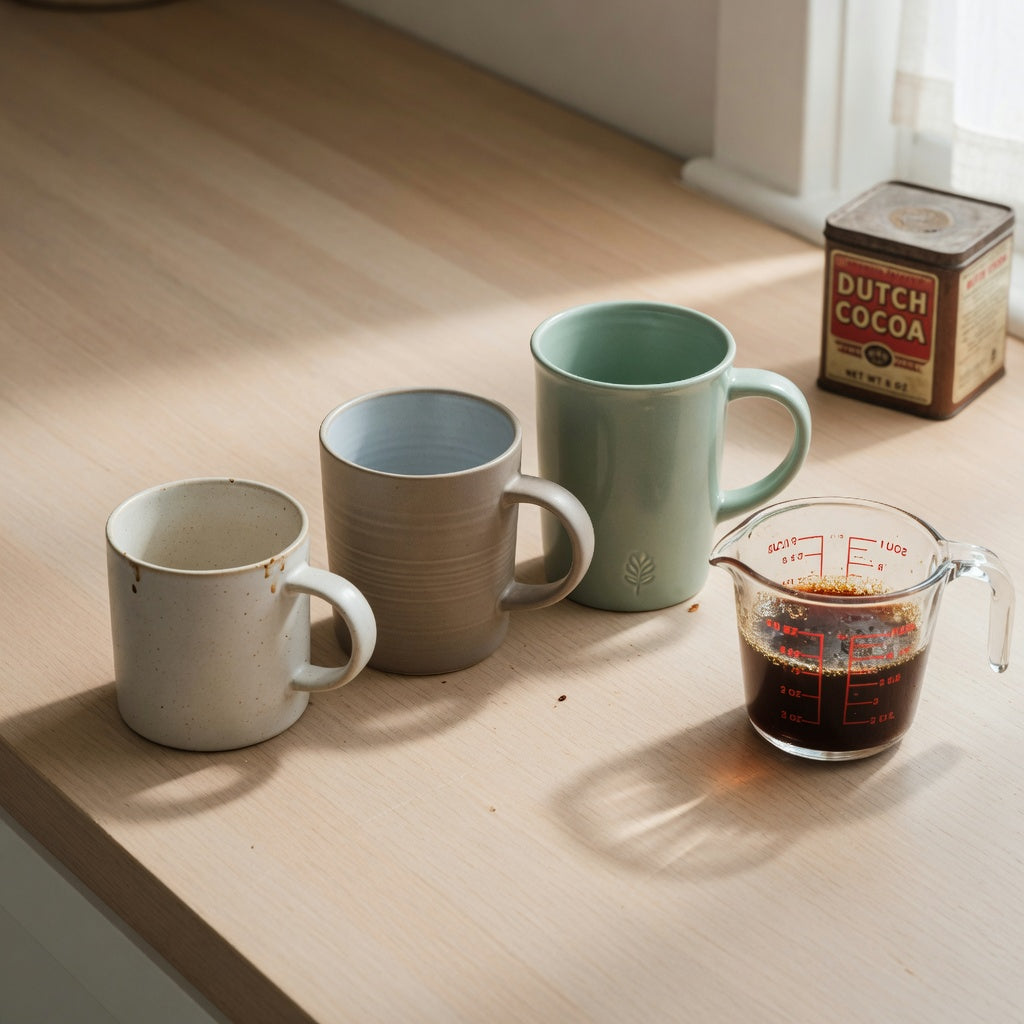 Mocha cup size comparison: three coffee mugs at 400, 440, and 480 ml beside a measuring cup on a kitchen counter