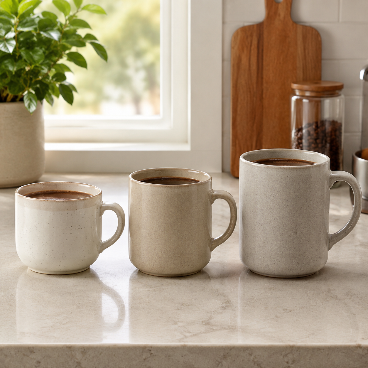 Three mocha mug capacity options arranged on a kitchen counter: 400 ml, 440 ml, and 480 ml.